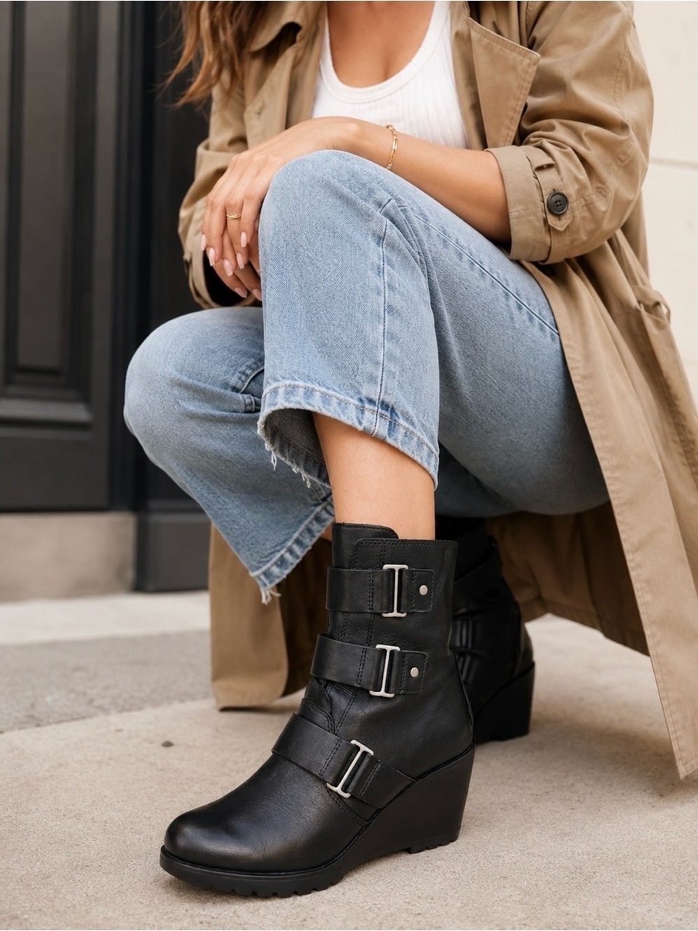Sorel After Hours Wedge Ankle Boots Triple Buckle Strap Leather Black 8.5